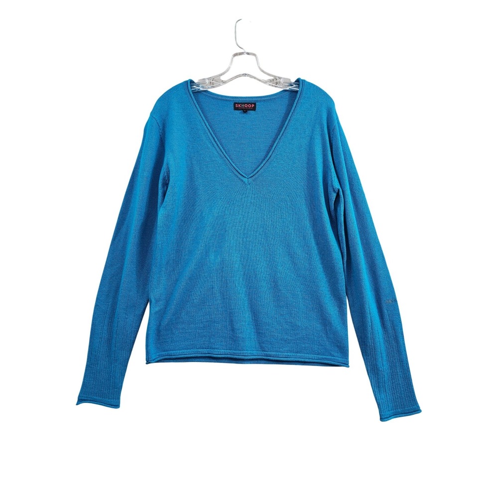 Skhoop V-Neck Sweater Women Large Blue Solid 100% Lambswool Knit Pullover Sweden